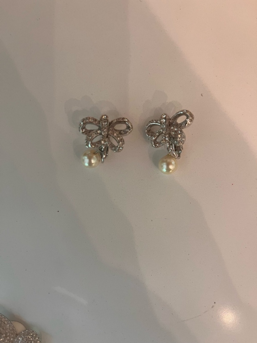 Pearl Drop Bow Earrings in Silver with Crystal Accents
